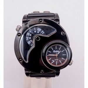 Oulm Multi-dial Black Round Case Black Watch 9591, New Batteries